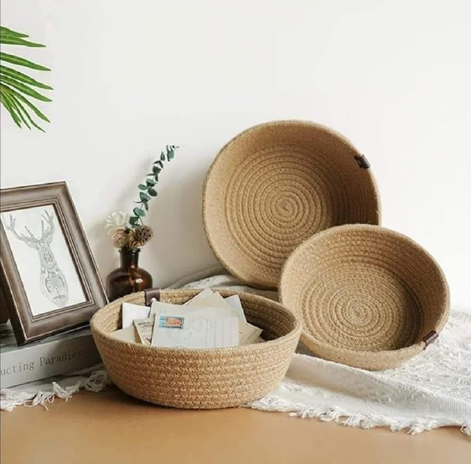 Image of [Set of 3-9 inch,8 inch,7 inch inch, Round, Beige] Handwoven Soft Jute Cotton Basket | Naturally Reshapes After Filling | Ideal for Storage, Organization & Gift Hampers