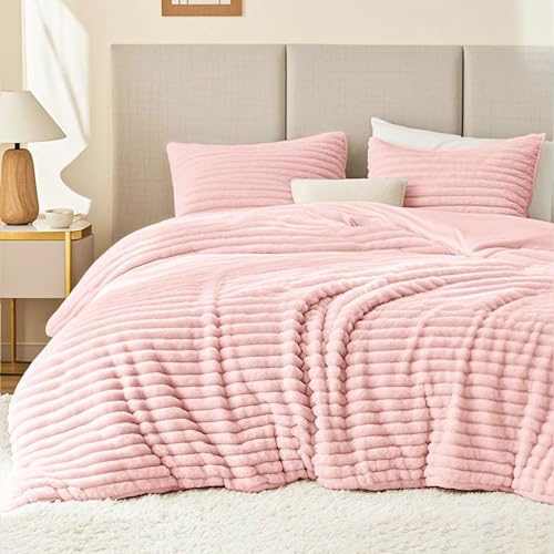 EXQ Home Fluffy Comforter Set Queen Size - Super Soft Faux Fur Stripe Jacquard Comforter 3 Pieces Pink Fleece Bedding Set Winter Warm Bed Set 1 Comforter with 2 Pillowcases