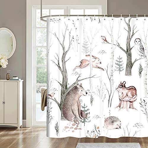 Uokiuki Watercolor Woodland Animals Shower Curtain For Bathroom Kids Deocr, Rustic Lodge Forest Cabin Bath Curtain Owl Fox Butterfly Bunny Rabbit Squirrel Bear Set In Rustic Forest Hunting, 70X70In #TOP1