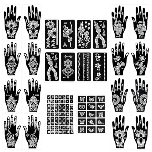 Henna Tattoo Schablonen2x A4 Bögen 8 Hand-Motive & 8 Kleine Vorlagen Sticker für Hände Temporäre Tattoo Schablonen Einfache Anwendung für Frauen & Kinder