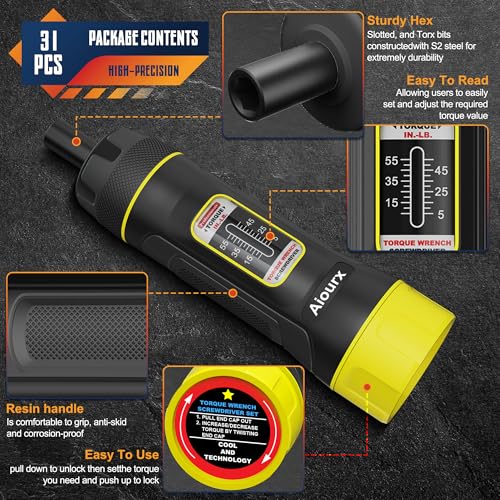 Image of Preset Torque Screwdriver Wrench Set, 5-55 Inch Pounds lbs, 31 Piece 1 /4 inch Drive Torque Screwdriver Wrench with S2 Steel Bits for Bicycle Mechanics, Mechanical Equipment, and Mounting