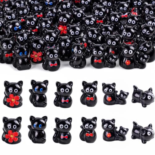 36 Pcs Black Resin Cat Figurines, 6 Styles Cute Statues with Flower and Bow