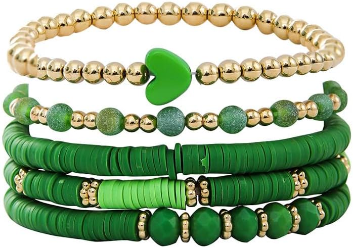 Caiyao Multicolor Heart Clay Stackable Bracelets Set for Women Bohemia Colorful Surfer Heishi Clay Gold Beaded Stretch Bracelets Summer Beach Boho Vacation Jewelry