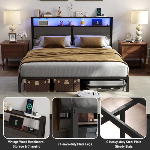 Image of RVONOW King Size Bed Frame with Headboard, Metal Platform Bed Frame with LED Lights & Charging Station, Under Bed Storage, Solid and Stable, No Box Spring Needed, Noise Free, Easy Assembly, Dark Grey