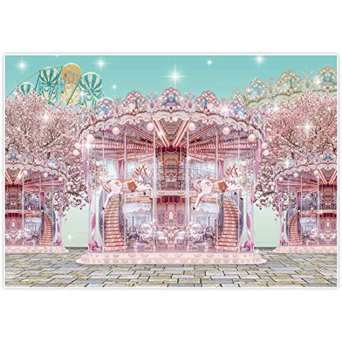 Allenjoy 7x5ft Pink Carnival Backdrop Carousel Ferris Wheel Circus Brick Floor Pink Glitter