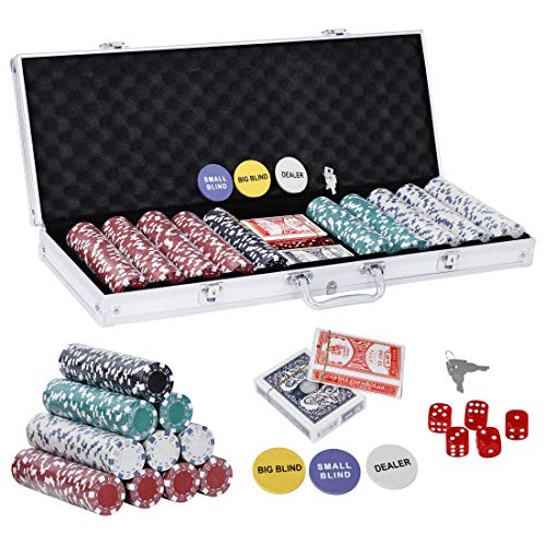 BBBuy 500 Poker Chip Set 11.5 Gram Dice Style Clay Casino Poker Chips w/Aluminum Case, Cards, Dices, Blind Button for Blackjack, Gambling, Texas Holdem