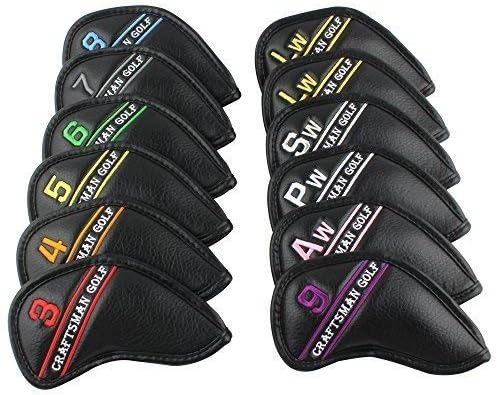 CRAFTSMAN GOLF 12pcs Black Synthetic Leather Golf Iron Head Covers Set Headcover with Colorful Number Embroideried,Easily get The Needed Iron for Callaway, Ping, Taylormade, Cobra Etc.