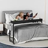 HOPUBUY Overbed Table with Wheels, Wood Rolling Bed Desk for Full Sized Beds, Two Person Overbed Desk Cart Bed Table Fits Queen Sized Beds