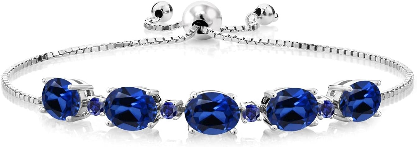 Gem Stone King 8.20 Cttw Oval Blue Created Sapphire 925 Sterling Silver Bracelet For Women | Oval 8X6MM and Round 2.5MM | Adjustable Bolo Bracelet For Women | Easy-On Easy-Off
