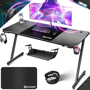 KESSER® Gaming Tisch 180cm x 80cm | Z-Form Gamer Schreibtisch | Kopfhörerhaken & Kohlebeschichtung | Ergonomischer PC Computertisch | Stabiler Tisch mit Getränkehalter Schwarz