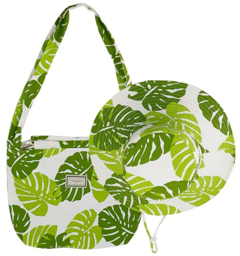 Coolwife Beach Tote Bag and Sun Hat Set, Wide Brim Foldable Bucket Hat, Boho Summer Travel Design
