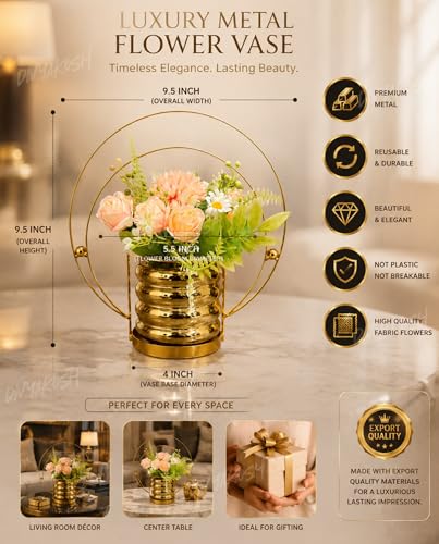 Image of Divyakosh Artificial Flower Vase, Metal Golden Ring with Pre Fixed Flowers, Gift Item, Showpiece | Home Decoration Items for Living Room | Aesthetic Home Decor, Vase for Home Decor'