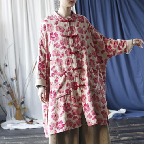 Ystylee Women's Trench Coat Flower Printed Boho Kimono Jacket Handmade Frog Buttons Loose Oversized Outwear4