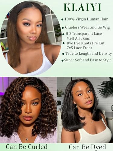 Image of KLAIYI Ombre Brown Yaki Straight Bob Wig Human Hair Bye Bye Knots Glueless Wig Precut Lace Pre Bleached Pre Plucked 7x5 Lace Front Ready to Wear Put On Go Wig with Dark Roots Balayage Brown Wig 10Inch