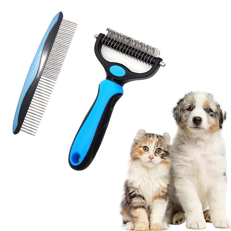 2 Pack Pet Grooming Brush and Metal Comb for Cats and Dogs Detangling Detangling Blue