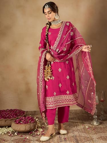 Image of INDO ERA Women's Silk Blend Embroidered Straight Kurta Pant with Dupatta (Iestr6307)