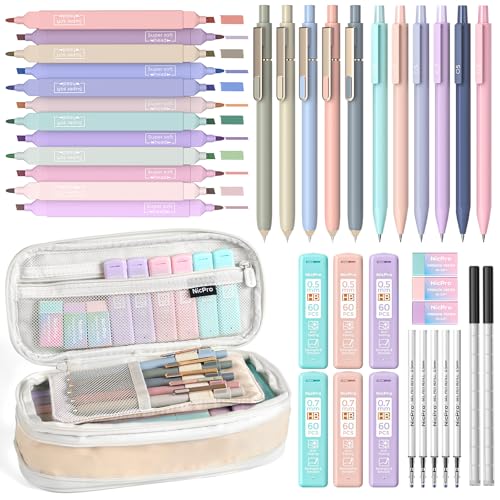 Image of Nicpro School Supplies Stationary Set with Pencil Case, 39 PCS Cream | Back to Schoo Supplies, Pen Case with 12 Highlighter, 5 Gel Pen, 6 Mechanical Pencil, Essentials for College, Nursing Student