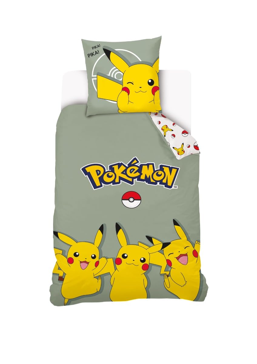 Housse De Couette Pikachu Pokémon 140x200 cm + 1 Taie d'oreiller 63x63 cm - 100% Coton - Vert Sauge