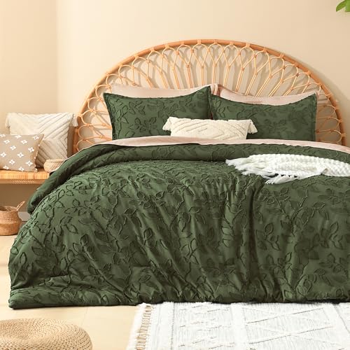 Image of Litanika Queen Size Comforter Set Olive, 3 Piece Cream Boho Tufted Bedding, Fluffy Farmhouse Bed Set for All Season with 2 Leaf Pattern Pillowcases(90x90In)