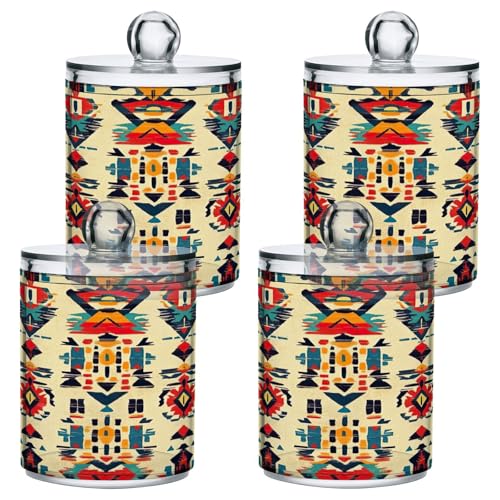 STAYTOP 2PCS Retro Ethnic Print Qtip Dispenser Apothecary Jars Bathroom with Labels - Qtip Holder Storage Canister Clear Plastic Acrylic Jar for Cotton Ball,Cotton Swab,Candy,offee