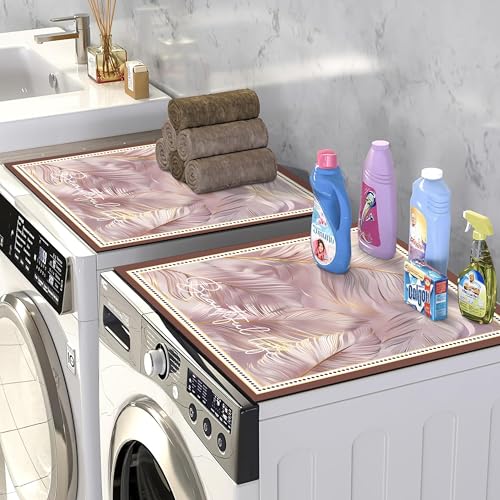Image of Yellow Weaves Washer & Dryer Cover for Top, 60 x 60 cm, Washing Machine Top Protector Mat for Kitchen /Laundary Room, Water Absorbing, Dustproof, Scratch Resistant & Non-Slip (Feather Pink)
