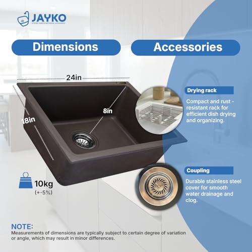 Image of JAYKO Quartz Acrylic Kitchen Sink for Modular Kitchen | Granite Finish, Scratch & Heat Resistant | Easy to Clean & Stylish Sink for Home (CO, 24x18in)