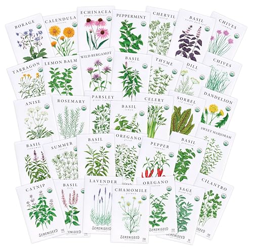 Image of Sereniseed Certified Organic Herb Seeds (35-Pack) - Non GMO, Heirloom - Seed Starting Video - Basil, Cilantro, Oregano, Thyme, Parsley, Lavender, Chives, Sage, Dill Seeds for Indoor & Outdoor Planting