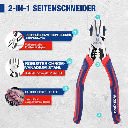 WORKPRO Seitenschneider Abisolierzange 2-in-1 Multifunktionale Zange Drahtschneider 200mm zum Abisolieren Kabelschneiden für harte, weiche Drähte