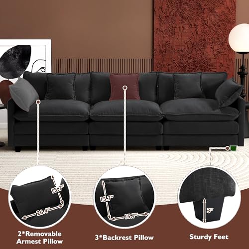 Image of Ihanherry 111.4 Inch 3-Seater Cloud Sofa, Modular Sectional Couch, Modern Deep Seat Sofa for Living Room, Comfy Double Layer Upholstered Seat Cushion, Breathable Chenille Fabric, Black