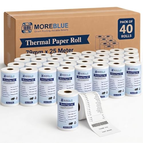 Image of MOREBLUE 3 Inch Thermal Paper Rolls (79mm x 25m, 55 GSM) | Ink-Free BPA-Free Receipt Paper for POS Machine, Billing Machine & Thermal Printers Pack 40