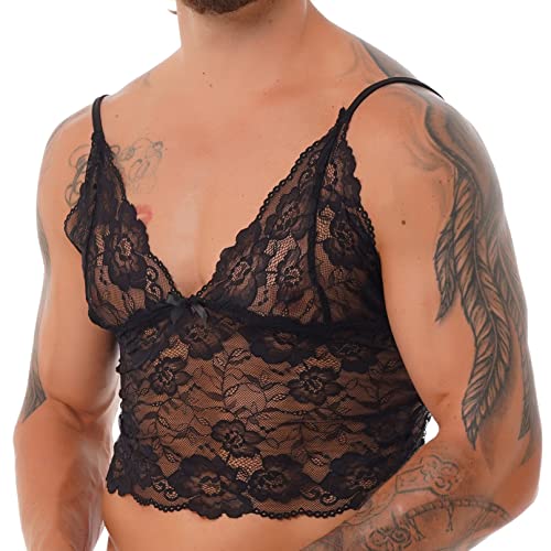 Yizyif Men's Smooth Spandex Sissy Lingerie Sleeveless Blouse Tank Shirt Camisole Top Lace Black Medium #TOP2