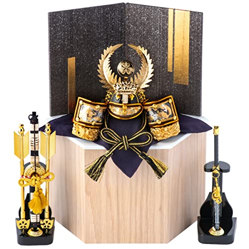 五月人形 兜 コンパクト 収納飾り 【E.家康兜】徳川家康 弓太刀セット 飾り台にもなる収納六角箱つき (ﾅﾁｭﾗﾙ箱) 日本製 [FUN fun]