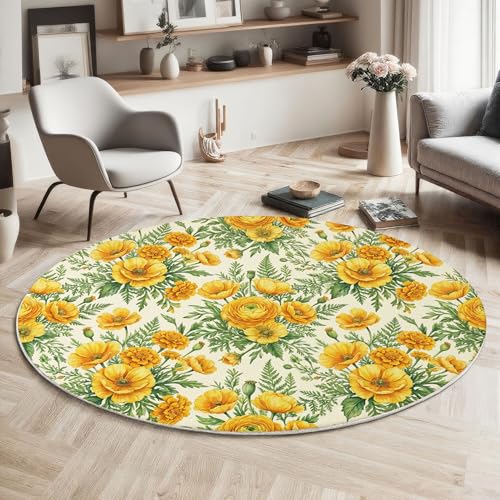Tapis circulaire coquelicot jaune-orange avec illustrations plantes 200cm - 4