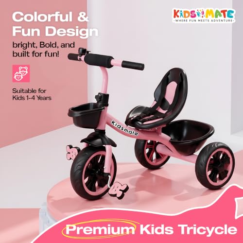 Image of Kidsmate Zoom Trike Cycle for Kids 2-5 Years | Tricycle for Kids | Tricycle for Boys & Girls | Baby Cycle with Anti-Skid EVA Wheels, Bell, Front & Rear Basket, Comfortable Seat | 30kg Capacity - Pink