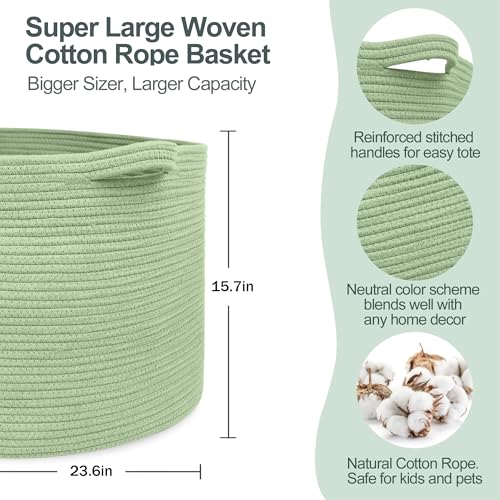 Image of MEGASKET 115L Oversized Green Basket, 23.6 inchx15.7 inch Woven Cotton Rope Bin for Blankets, Nursery Wicker Laundry Hamper, Kids Toy Storage Bin, Sage Green Living Room Bedroom Decor Baskets for Organizing
