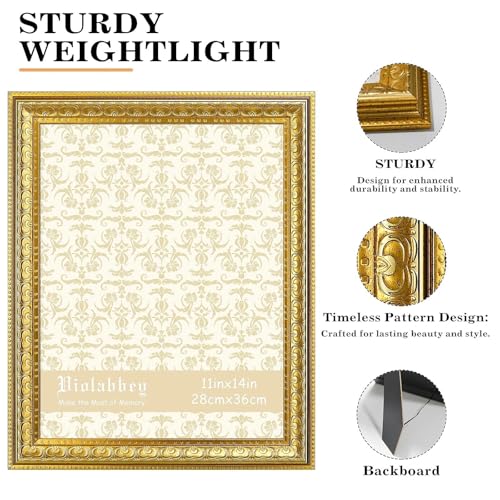 Image of VIOLABBEY 11x14 Picture Frame Gold, Vintage Photo Frame | Antique Ornate Frame, for Wall or Tabletop Display, Classic Design for Home Office Decor, Fits 11x14 Pictures