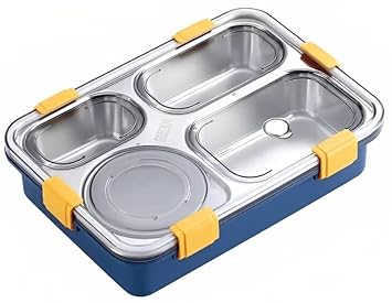 Rylan Students Lunch Box Sealed Leakage Proof Stainless Steel Lunch Box with Fork,Chopstick & Spoon Lid Office Food Container 4 Compartment for School Kids and Adults (Multi Color)