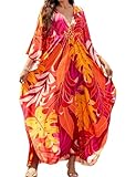 MAKABO Kaftan Dresses for Women, Plus Size Colorful Leaves Print Cover Ups Caftan Beach Dresses