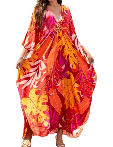 Image of MAKABO Kaftan Dresses for Women, V Neck Moo Moos Colorful Print Cover Ups Caftan Beach Dresses for Swimwear