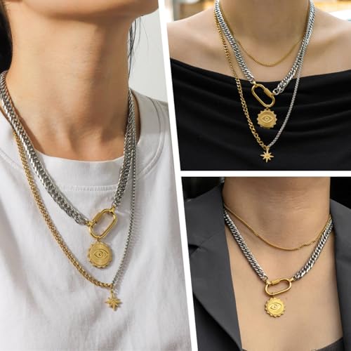 Gold Silver Layered Necklaces for Women 3 Set,Chunky Two Tone Necklace Evil Eye Pendant Paperclip Cuban Link Stacked Chain Trendy Statement Jewelry Gift Women Men2
