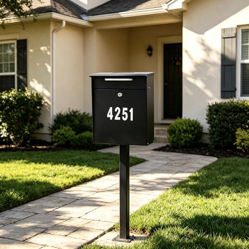 Image of Post Mount Mailbox with Code Lock | Solar Powered House Numbers, Night Lighting, Iron Material, Digital Password