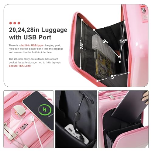 3-Piece Pink Luggage Set with Front-Opening Carry-On, Expandable Travel Bag & USB Port - Lightweight & Durable Suitcases for Travel4