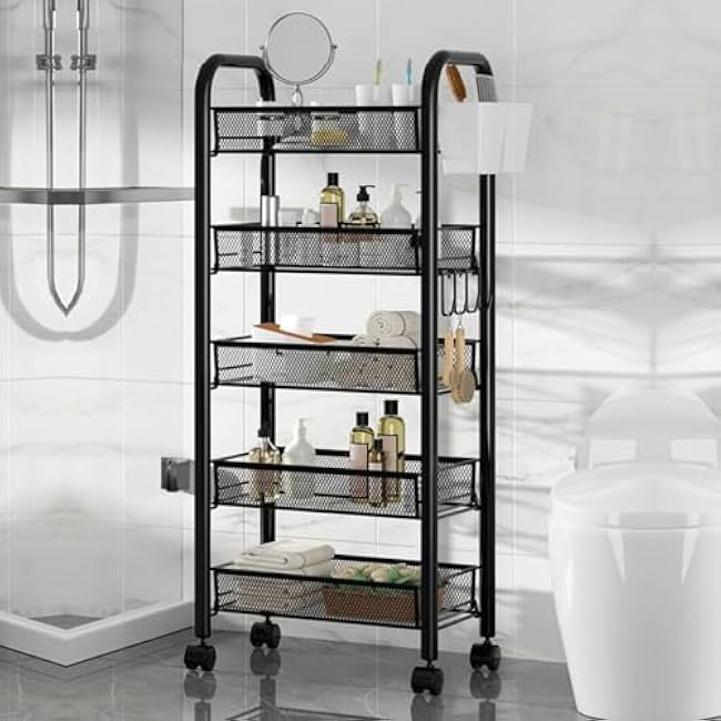 Fruit Vegetable Storage Basket, 5 Tier Mesh Wire Rolling Cart, Stackable Fruit Basket Stand with Rolling Wheels, Vegetable Rack Stand, Bathroom Storage Cart, Ideal for Kitchen, Pantry Black-SCuFElH8