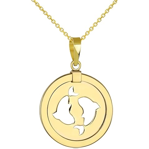 14K Yellow Gold Reversible Round Pisces Zodiac Sign Pendant With Cable, Curb or Figaro Chain Necklace