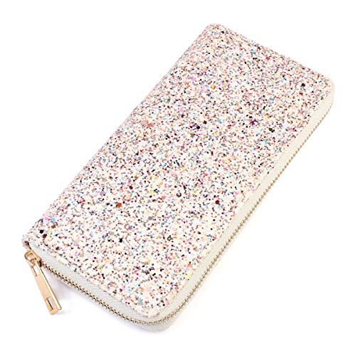 RIAH FASHION Rainbow Glitter Zip Around Wallet - Sparkly Confetti Single Zipper Clutch Purse with Card Slots (Rainbow - White)