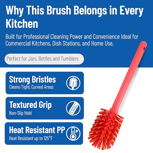 Image of SPARTA Large Water Bottle Brush Ideal for Wide-Mouth Jars, Bottles and Tumblers, Dishwashing Tool with Handle for Home and Commercial Kitchens, Plastic, 12 Inches, Red