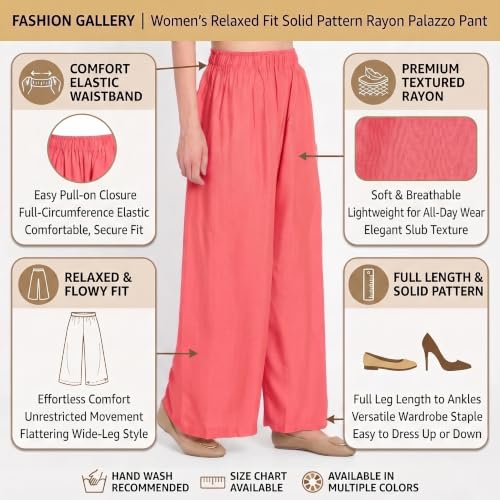 Image of FASHION GALLERY Women's Solid Rayon Palazzo Pants | Relaxed Fit Full Length Wide Leg Palazzo | Elastic Waist Comfortable Casual Lounge Office Ethnic Flared Trousers for Women