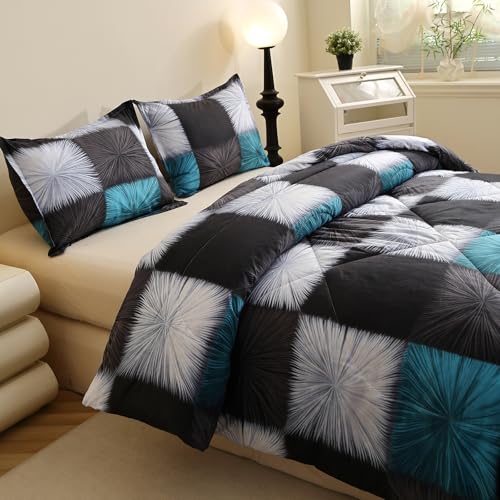Image of Caressma Twin Comforter Set White and Blue Plaid, Black and White Checkered Comforter Bedding Set, Fluffy Black Grid Home Decor for All Seasons