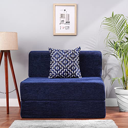 Image of Convertible Fabric Sofa Cum Bed | Foldable Double Foam & Washable Cover with Cushions | Modern Design Use Living Room & Guest Room (Moshi-Blue-Multi-Square, 3X6 Ft)