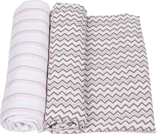 Image of Miracle Blanket Soft Muslin Swaddles Newborn Nursery Sleep Essential - Pack of 2 Warm Wraps (Pink & Grey Stripes & Chevrons)